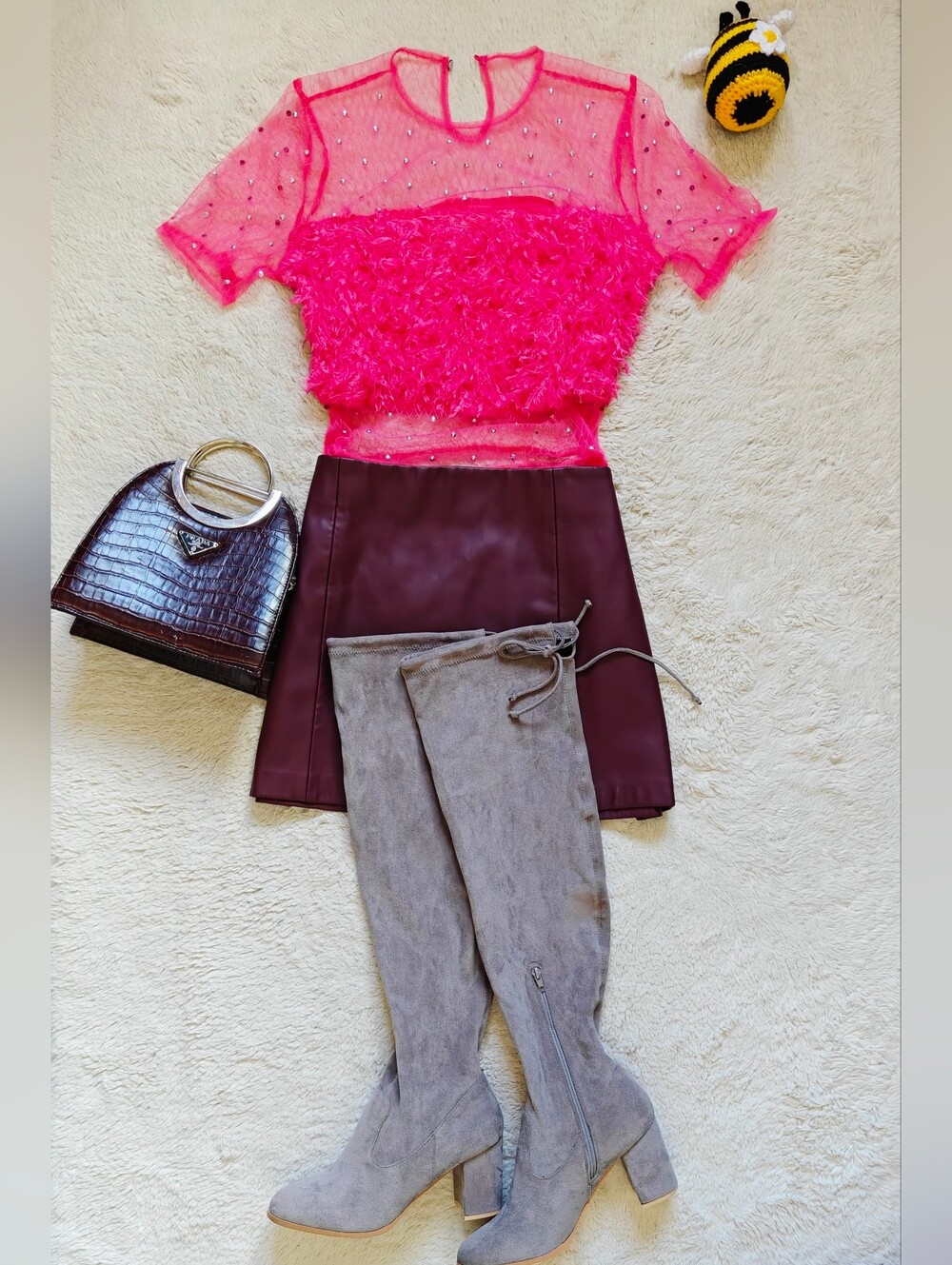 SHEIN Large Hot Pink Mesh Crop Top| Rhinestone Bedazzled Faux Feather Barbiecore